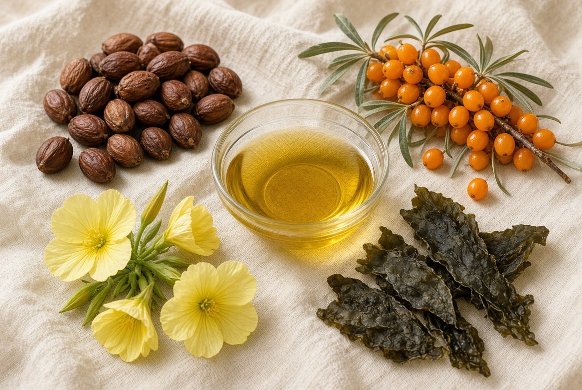 Jojoba-style seeds, evening primrose flowers, sea buckthorn berries, seaweed, and a dish of oil.