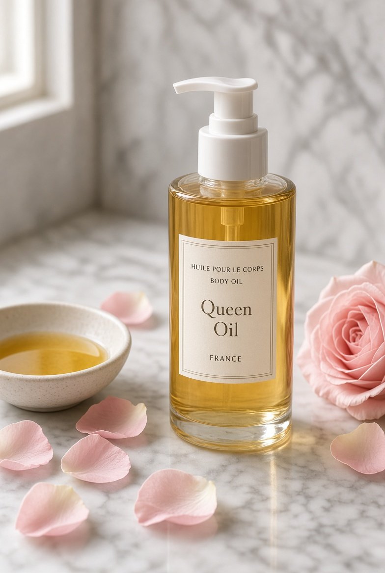 Illustrative glass pump bottle of golden body oil labeled Queen Oil on marble.